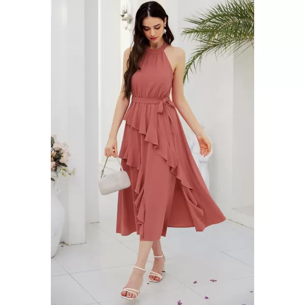 GRACE KARIN Womens 2024 Summer Sleeveless Halter Neck Ruffle Hem Split Flowy Swing Long Midi Dress with BeltPink