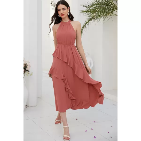 GRACE KARIN Womens 2024 Summer Sleeveless Halter Neck Ruffle Hem Split Flowy Swing Long Midi Dress with BeltPink