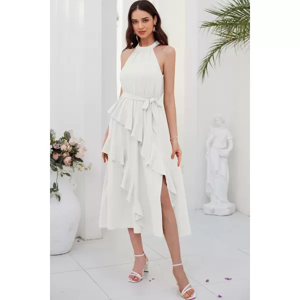 GRACE KARIN Womens 2024 Summer Sleeveless Halter Neck Ruffle Hem Split Flowy Swing Long Midi Dress with BeltWhite