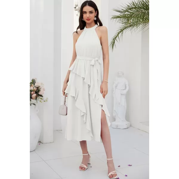 GRACE KARIN Womens 2024 Summer Sleeveless Halter Neck Ruffle Hem Split Flowy Swing Long Midi Dress with BeltWhite