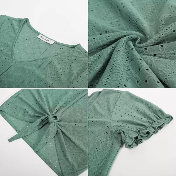 GRACE KARIN Womens 2024 Summer Tops Short Sleeve V Neck Basic T Shirts Dressy Casual Tie Front Tops Eyelet Blouses TunicGreen