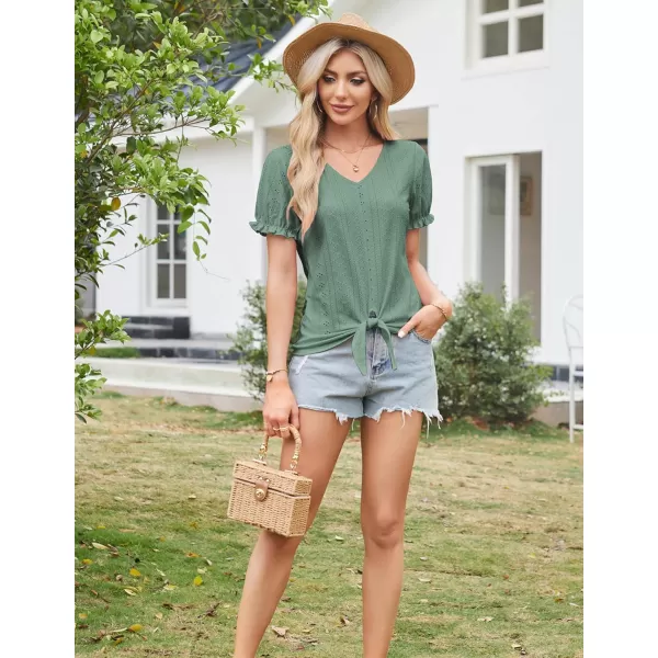 GRACE KARIN Womens 2024 Summer Tops Short Sleeve V Neck Basic T Shirts Dressy Casual Tie Front Tops Eyelet Blouses TunicGreen