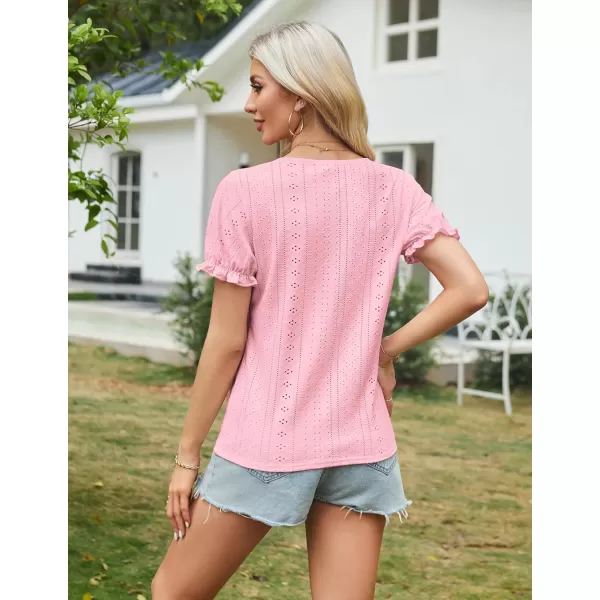 GRACE KARIN Womens 2024 Summer Tops Short Sleeve V Neck Basic T Shirts Dressy Casual Tie Front Tops Eyelet Blouses TunicPink