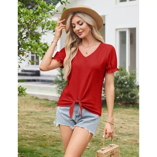 GRACE KARIN Womens 2024 Summer Tops Short Sleeve V Neck Basic T Shirts Dressy Casual Tie Front Tops Eyelet Blouses TunicRed