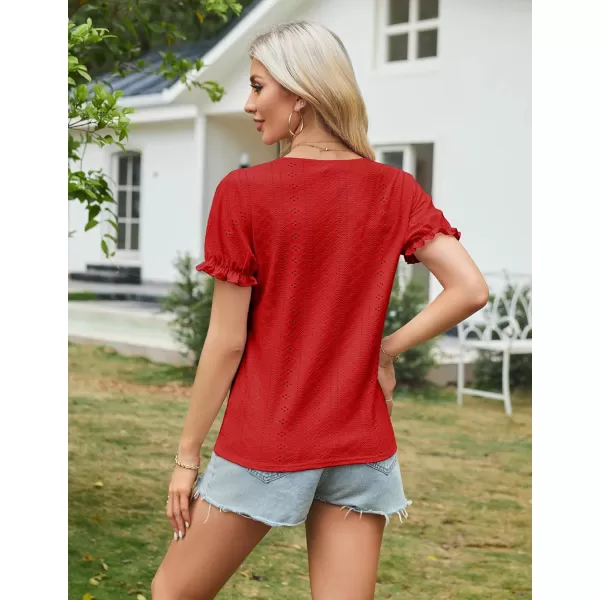 GRACE KARIN Womens 2024 Summer Tops Short Sleeve V Neck Basic T Shirts Dressy Casual Tie Front Tops Eyelet Blouses TunicRed