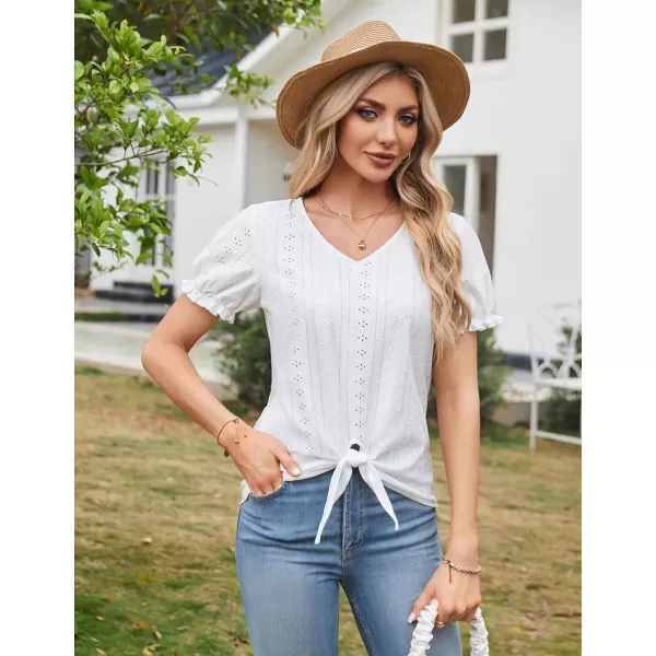 GRACE KARIN Womens 2024 Summer Tops Short Sleeve V Neck Basic T Shirts Dressy Casual Tie Front Tops Eyelet Blouses TunicWhite