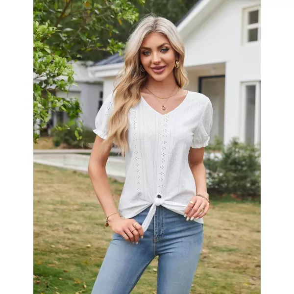 GRACE KARIN Womens 2024 Summer Tops Short Sleeve V Neck Basic T Shirts Dressy Casual Tie Front Tops Eyelet Blouses TunicWhite