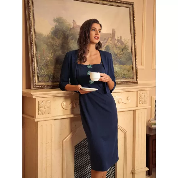 GRACE KARIN Womens 2024 Work Business Casual 2 Piece Outfits Midi Pencil Dress with 34 Sleeve Blazer Jacket Suit SetsNavy Blue