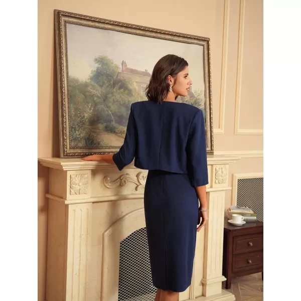 GRACE KARIN Womens 2024 Work Business Casual 2 Piece Outfits Midi Pencil Dress with 34 Sleeve Blazer Jacket Suit SetsNavy Blue