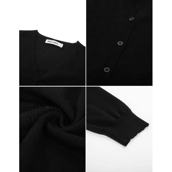 GRACE KARIN Womens 34 Sleeve Button Down Knit Cropped Bolero Shrug Cardigan Sweater Open Front Lightweight SweatersBlack