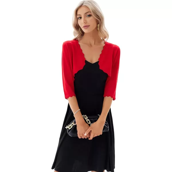 GRACE KARIN Womens 34 Sleeve Open Front Scalloped Knit Cropped Bolero Shrug CardiganRed