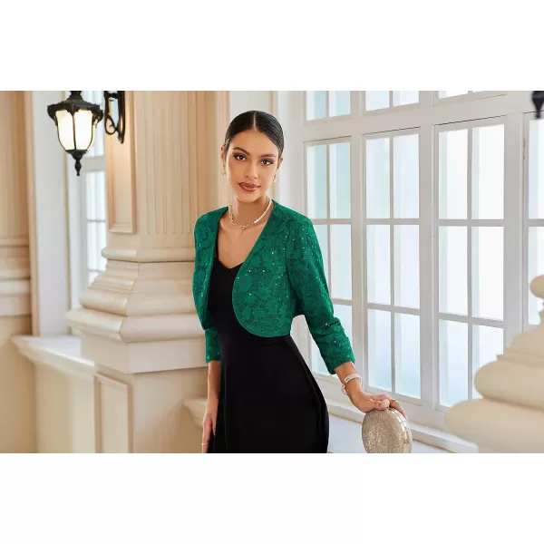 GRACE KARIN Womens 34 Sleeve Open Front Sequin Floral Lace Cropped Shrug Bolero CardiganDark Green