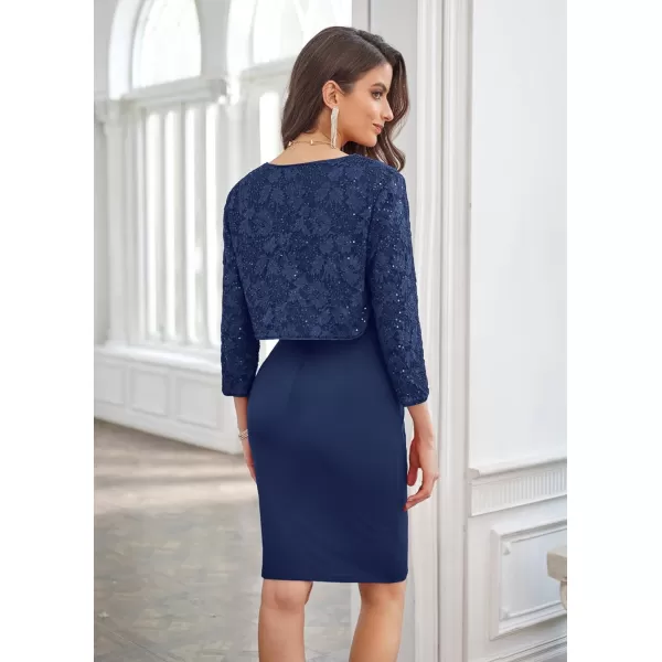 GRACE KARIN Womens 34 Sleeve Open Front Sequin Floral Lace Cropped Shrug Bolero CardiganNavy Blue