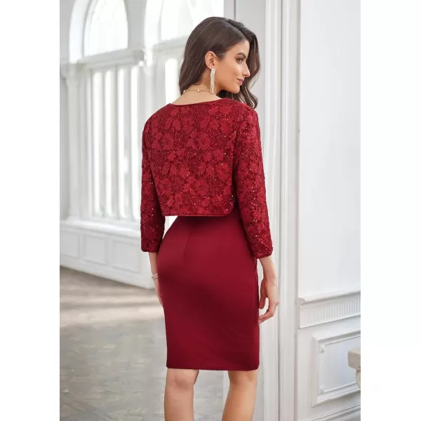 GRACE KARIN Womens 34 Sleeve Open Front Sequin Floral Lace Cropped Shrug Bolero CardiganWine Red