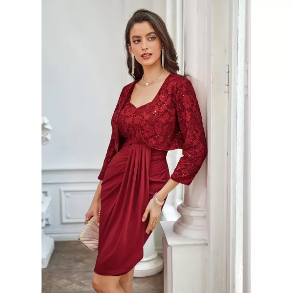 GRACE KARIN Womens 34 Sleeve Open Front Sequin Floral Lace Cropped Shrug Bolero CardiganWine Red