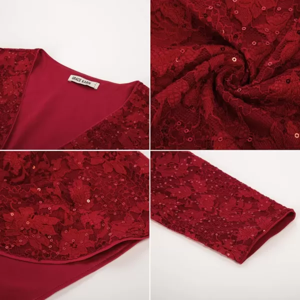 GRACE KARIN Womens 34 Sleeve Open Front Sequin Floral Lace Cropped Shrug Bolero CardiganWine Red