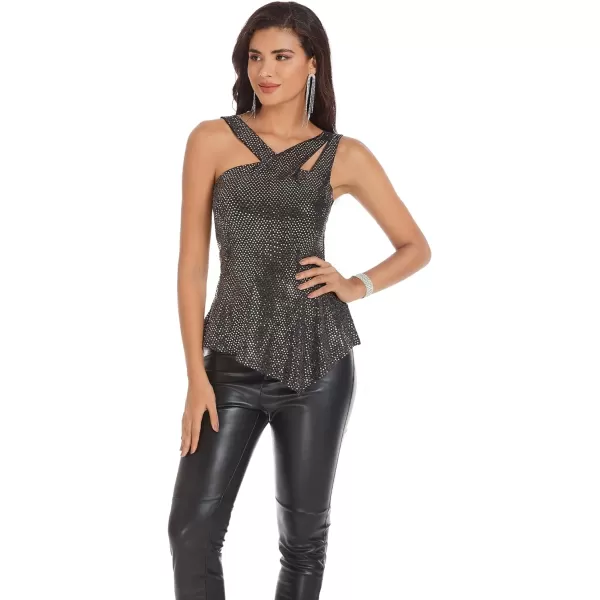 GRACE KARIN Womens Asymmetric V Neck A Line Sequin Tank Tops Sleeveless Irregular Peplum Hem Blouse Sparkly Party ShirtRose Gold on Black