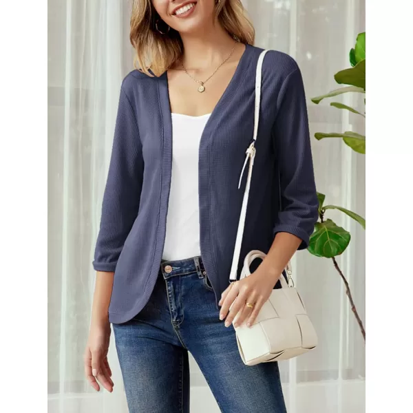 GRACE KARIN Womens Basic 34 Sleeve Open Front Waffle Knit Cropped CardiganBlue
