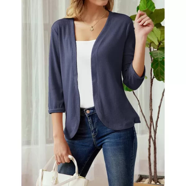 GRACE KARIN Womens Basic 34 Sleeve Open Front Waffle Knit Cropped CardiganBlue