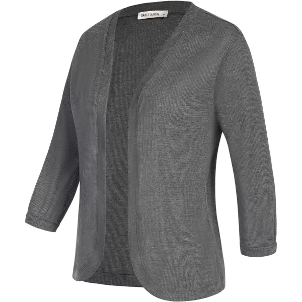 GRACE KARIN Womens Basic 34 Sleeve Open Front Waffle Knit Cropped CardiganDark Grey