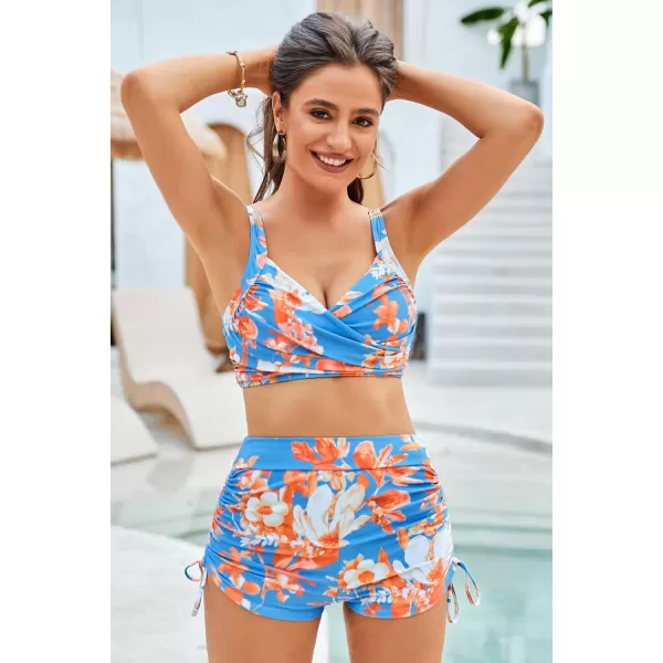 GRACE KARIN Womens Bathing Suit 3 Piece Bikini Sets High Waist Swimwear Sexy Printed Ruched Swimsuit with Cover UpsBlue Floral