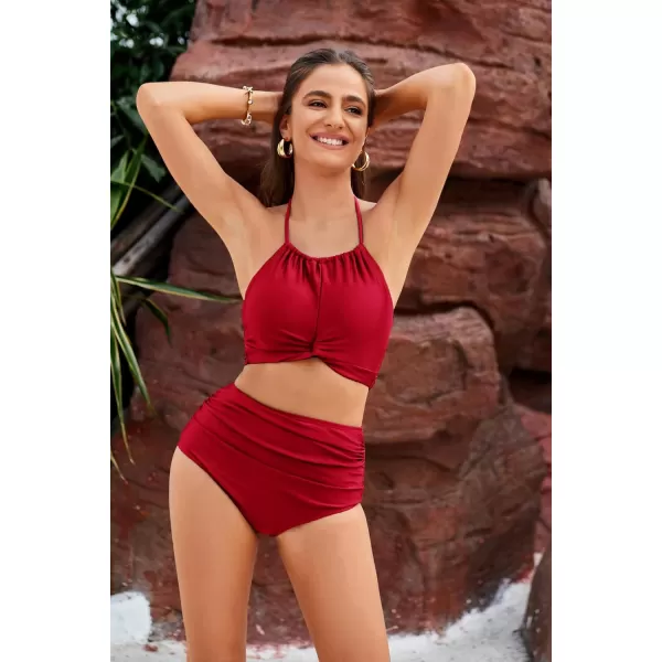 GRACE KARIN Womens Bikini Sets Two Piece Swimsuit Ruched High Waisted Tummy Control Bathing SuitsRed