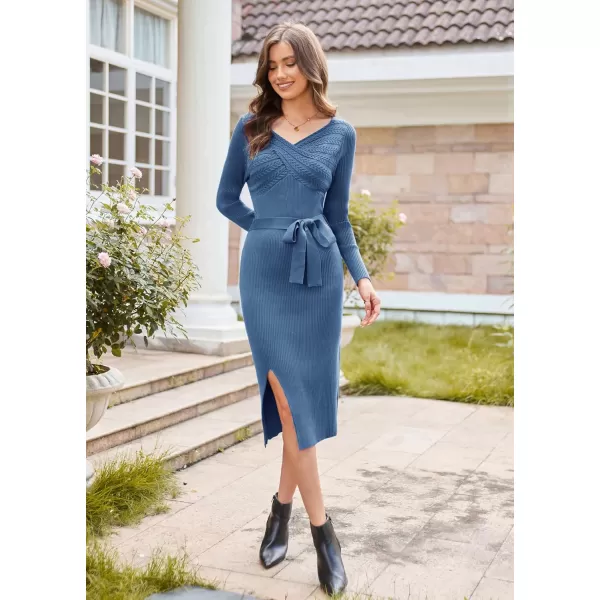 GRACE KARIN Womens Bodycon Knit Sweater Dress Long Sleeve Criss Cross Sweetheart V Neck Tie Waist Slit Pullover DressBlue