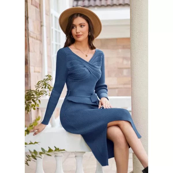 GRACE KARIN Womens Bodycon Knit Sweater Dress Long Sleeve Criss Cross Sweetheart V Neck Tie Waist Slit Pullover DressBlue