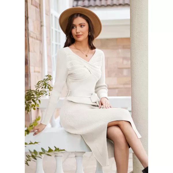 GRACE KARIN Womens Bodycon Knit Sweater Dress Long Sleeve Criss Cross Sweetheart V Neck Tie Waist Slit Pullover DressWhite