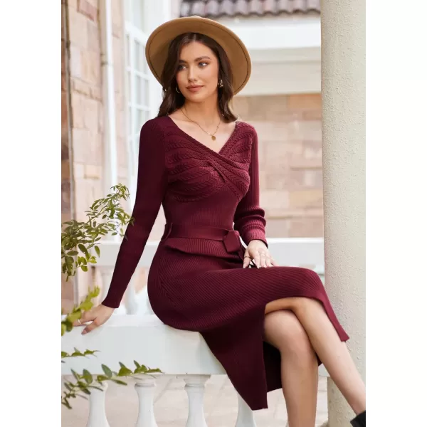 GRACE KARIN Womens Bodycon Knit Sweater Dress Long Sleeve Criss Cross Sweetheart V Neck Tie Waist Slit Pullover DressWine