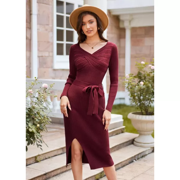 GRACE KARIN Womens Bodycon Knit Sweater Dress Long Sleeve Criss Cross Sweetheart V Neck Tie Waist Slit Pullover DressWine