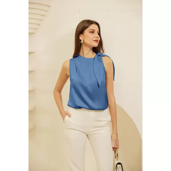 GRACE KARIN Womens Business Casual Tie Mock Neck Satin Tank Tops Silk Basic Cami Sleeveless Shirt BlouseBlue