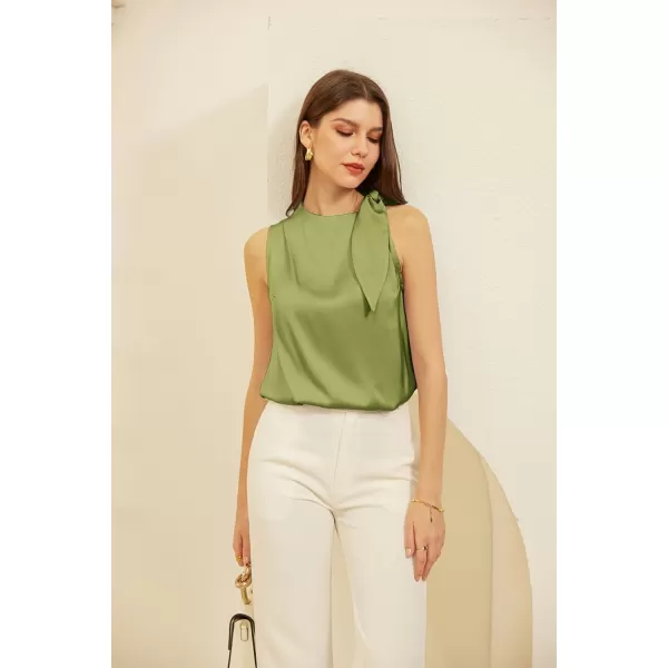 GRACE KARIN Womens Business Casual Tie Mock Neck Satin Tank Tops Silk Basic Cami Sleeveless Shirt BlouseGreen