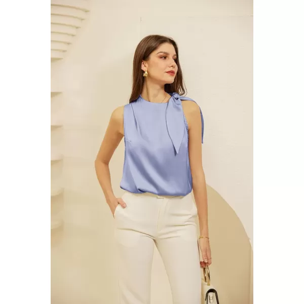 GRACE KARIN Womens Business Casual Tie Mock Neck Satin Tank Tops Silk Basic Cami Sleeveless Shirt BlouseLight Blue