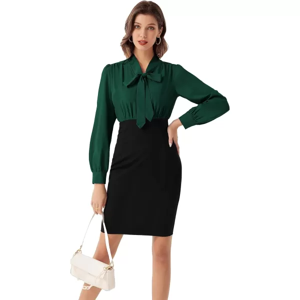 GRACE KARIN Womens Business Colorblock Bodycon Pencil Dress Long Sleeve Tie V Neck Office Leopard Sheath Dress for WorkBlackish Green