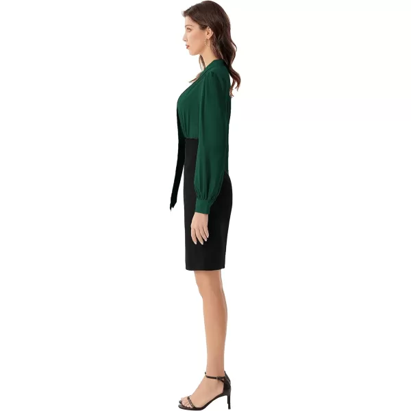 GRACE KARIN Womens Business Colorblock Bodycon Pencil Dress Long Sleeve Tie V Neck Office Leopard Sheath Dress for WorkBlackish Green