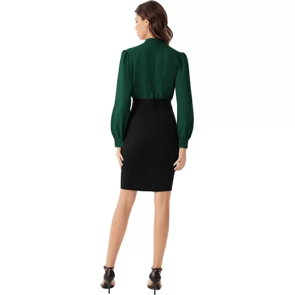 GRACE KARIN Womens Business Colorblock Bodycon Pencil Dress Long Sleeve Tie V Neck Office Leopard Sheath Dress for WorkBlackish Green