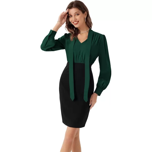 GRACE KARIN Womens Business Colorblock Bodycon Pencil Dress Long Sleeve Tie V Neck Office Leopard Sheath Dress for WorkBlackish Green