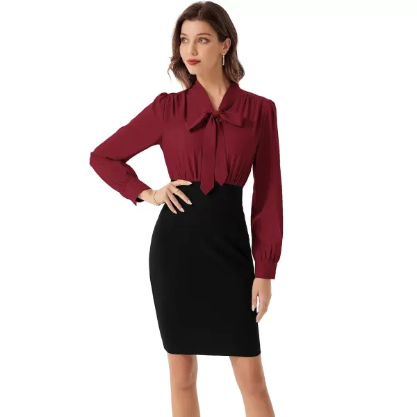 GRACE KARIN Womens Business Colorblock Bodycon Pencil Dress Long Sleeve Tie V Neck Office Leopard Sheath Dress for WorkWine