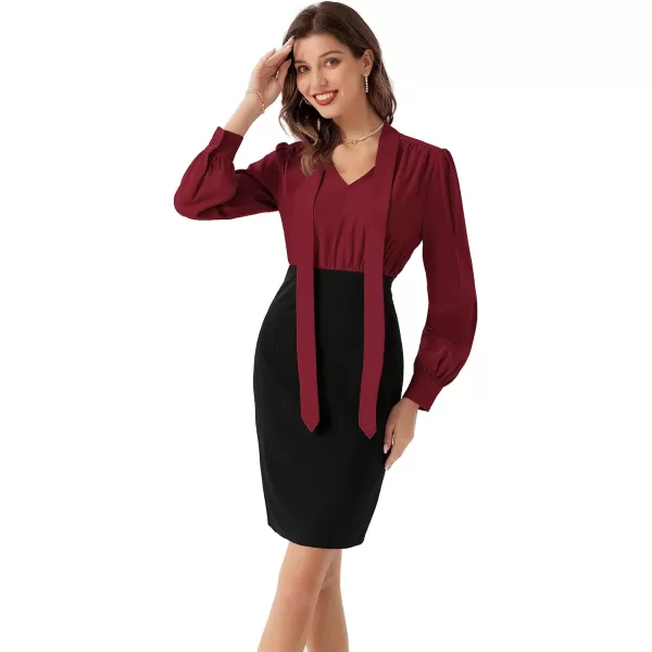 GRACE KARIN Womens Business Colorblock Bodycon Pencil Dress Long Sleeve Tie V Neck Office Leopard Sheath Dress for WorkWine