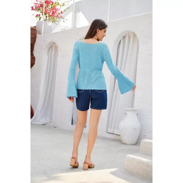 GRACE KARIN Womens Button Down Long Sleeve Cardigan Classic Flowy Soft Crew Neck Knit Sweater 2024Light Blue