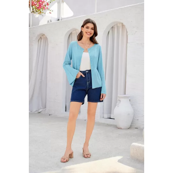 GRACE KARIN Womens Button Down Long Sleeve Cardigan Classic Flowy Soft Crew Neck Knit Sweater 2024Light Blue