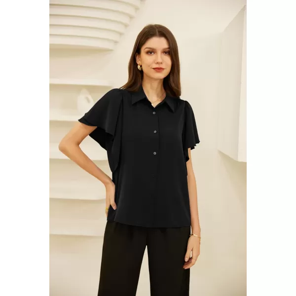 GRACE KARIN Womens Button Down Shirts Flowy Ruffle Short Sleeve Collared V Neck Dressy Casual Office Work Shirt Blouse TopsBlack