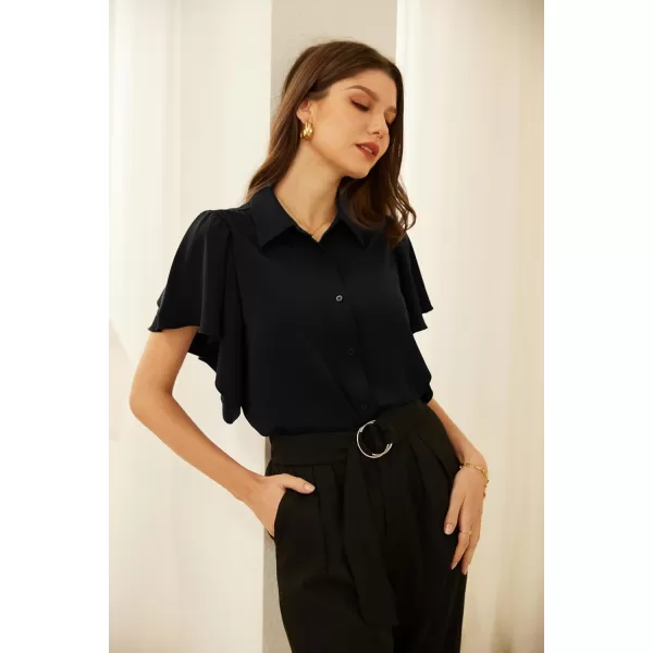 GRACE KARIN Womens Button Down Shirts Flowy Ruffle Short Sleeve Collared V Neck Dressy Casual Office Work Shirt Blouse TopsBlack