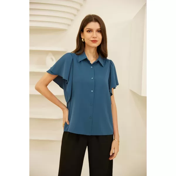 GRACE KARIN Womens Button Down Shirts Flowy Ruffle Short Sleeve Collared V Neck Dressy Casual Office Work Shirt Blouse TopsGrey Blue