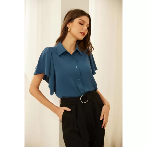 GRACE KARIN Womens Button Down Shirts Flowy Ruffle Short Sleeve Collared V Neck Dressy Casual Office Work Shirt Blouse TopsGrey Blue