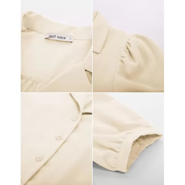 GRACE KARIN Womens Button Down Shirts Short Sleeve Long Sleeve Business Casual Tops V Neck BlouseBeige