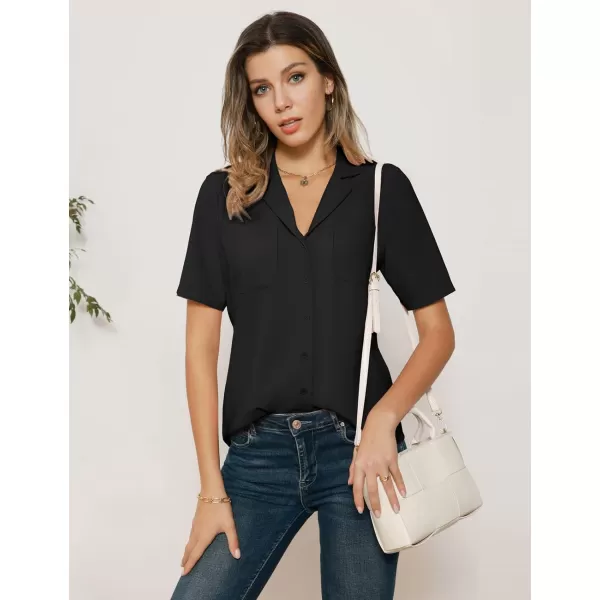 GRACE KARIN Womens Button Down Shirts Short Sleeve Long Sleeve Business Casual Tops V Neck BlouseBlack With Pocket