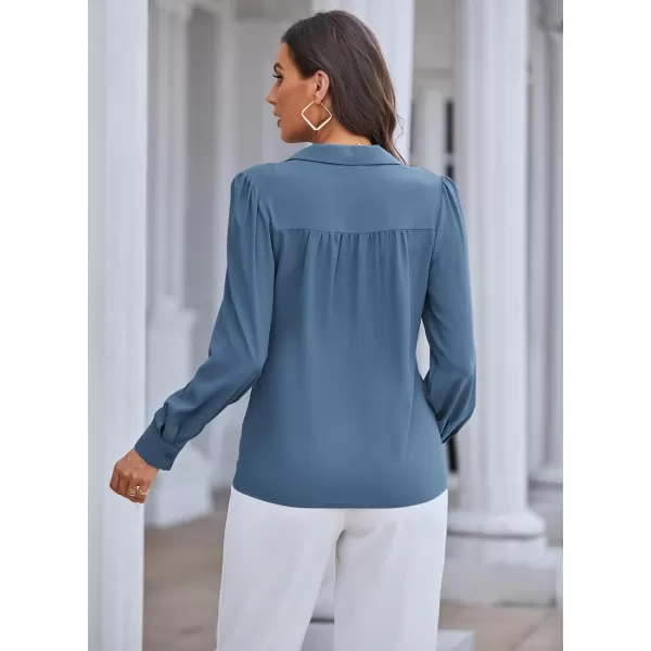 GRACE KARIN Womens Button Down Shirts Short Sleeve Long Sleeve Business Casual Tops V Neck BlouseHaze Bluelong Sleeve