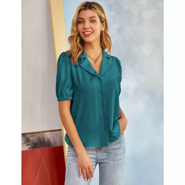 GRACE KARIN Womens Button Down Shirts Short Sleeve Long Sleeve Business Casual Tops V Neck BlousePeacock Green